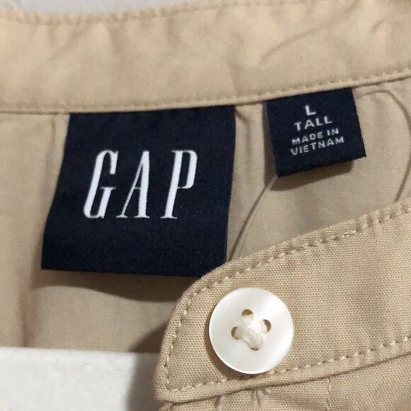 Gap Size L Tall Balloon Sleeve Mini Dress in Sand Khaki Tan Buttons Tie Waist - Picture 5 of 7